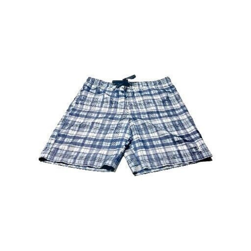 Izod Mens Swim Trunks Size Medium Blue White Plaid NO LINING Read Description